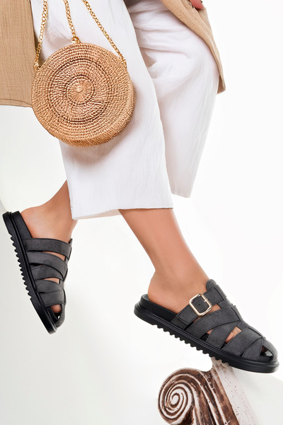 meyra'nın ayakkabıları Women's Gray Imported Buckle Detailed Slippers