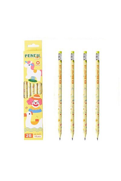 OEM Set 10 Creioane Negre, 2B, pentru Elevi Scoala, cu Radiera, Model Galben cu Circ