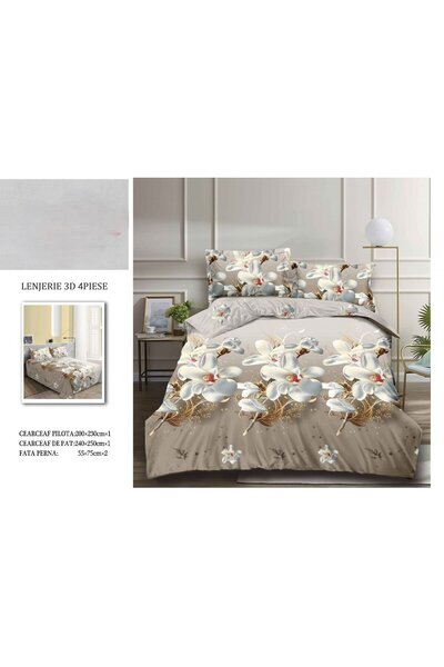 FIONNA.RO 3D Satin Cotton Bed Linen - Beige With White Flowers