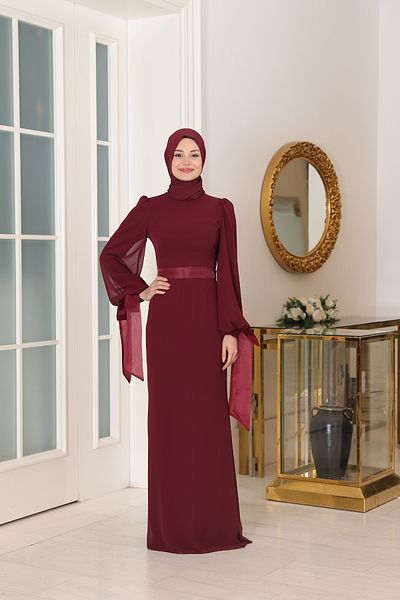 Modarafta Stylish Chiffon Belted (Removable) Hijab Evening Dress Turquoise