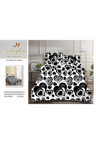 FIONNA.RO 3D Satin Cotton Bed Linen - Black Hearts - White
