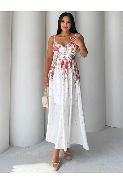 S&A Collectionn Women's Tie Strap Detailed Floral Lined Knee Length Midi Dress