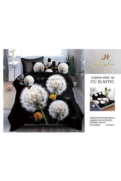 FIONNA.RO 3D Satin Cotton Bed Linen With Elastic - Black With Dandelions
