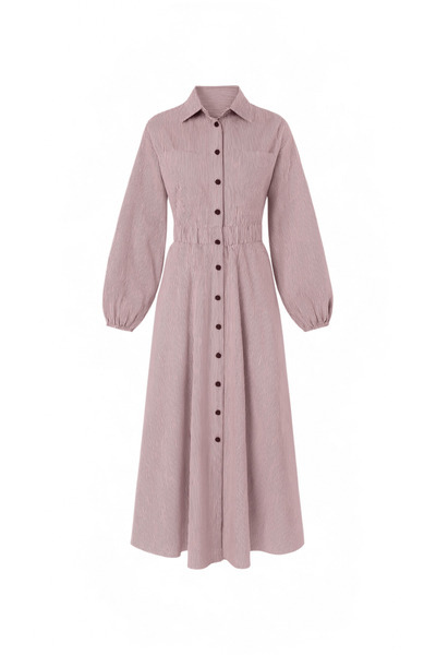 MODA MIHHEL Bella Çıtçıtlı Elbise Bordo Çizgili