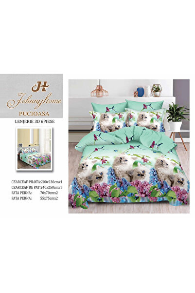 FIONNA.RO 3D Satin Cotton Bed Linen 6 Pieces - Kittens and Lilac Flowers