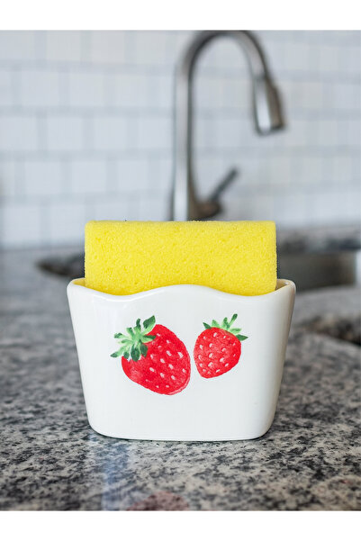 Piatti Naturali Kitchen Set of 2 Ceramic Handmade Strawberry Pattern Dirty Spoon Holder Sponge Holder, Spoon Rest, Gift