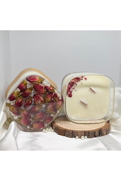 Generic شمعة شمع الصويا باللؤلؤ الوردي مع ورد مجفف، زخارف اللؤلؤ، شموع الورد،...