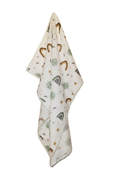 junobi Gökkuşağı Desenli Ponponlu Müslin Bebek Battaniyesi 80*80 cm