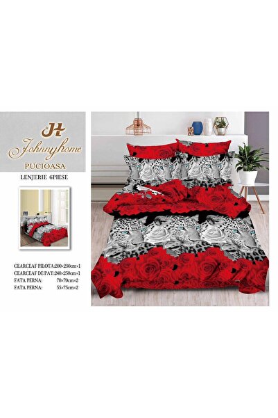 FIONNA.RO 3D Satin Cotton Bed Linen 6 Pieces - Red Roses and Tigers