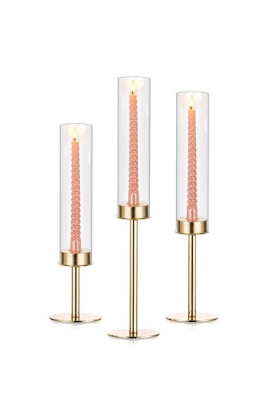 Generic حامل شموع أنججو الذهبي، حامل شموع طويل من طراز هوريكان، مجموعة من 3 ق...