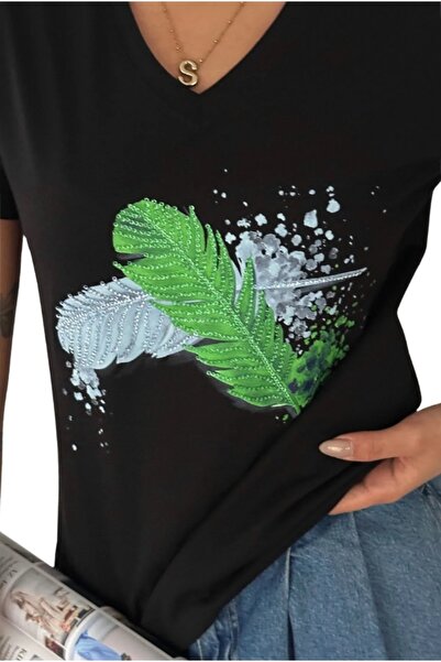 Cassime Women's Black V-Neck Feather Pattern Sequin Embroidered 100% Cotton T-Shirt