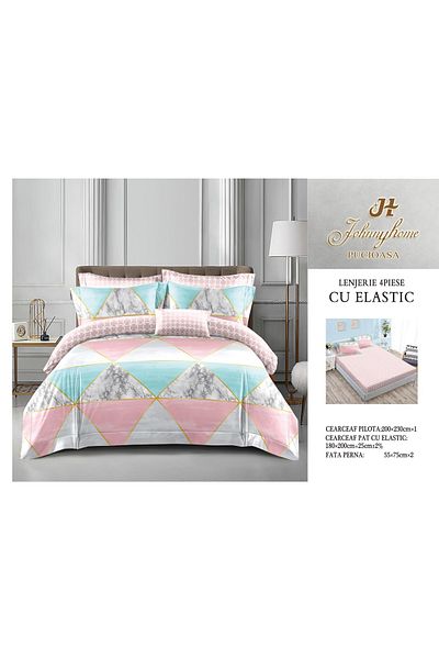 FIONNA.RO Satin Cotton Bed Linen With Elastic - Pink/Marble