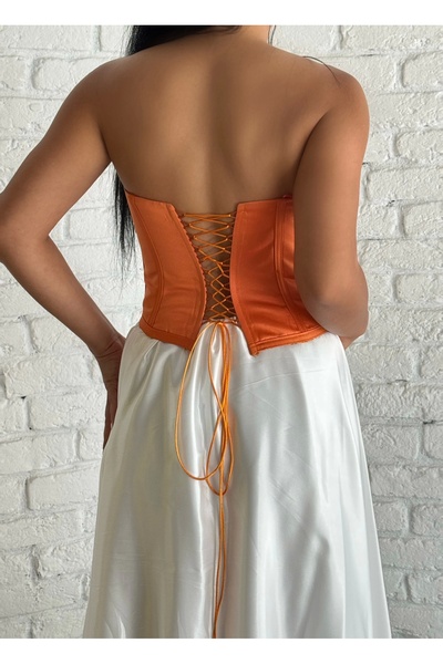 moneta boutique Women's Satin Back Lace-Up Floral Applique Corset Bustier