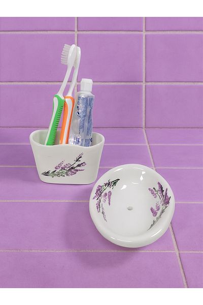 Piatti Naturali 2-Piece Bathroom Set - Handmade Ceramic Lavender Pattern - Solid Soap Dish & Toothbrush Holder, Sponge Holder