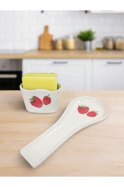 Piatti Naturali Kitchen Set of 2 Ceramic Handmade Strawberry Pattern Dirty Spoon Holder Sponge Holder, Spoon Rest, Gift