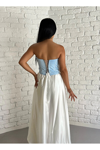 moneta boutique Kadın Saten Arkadan Bağcıklı Çiçek Aplikeli Korse Büstiyer