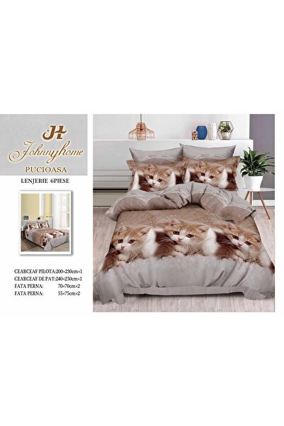 FIONNA.RO 3D Satin Cotton Bed Linen 6 Pieces - Grey With Kittens