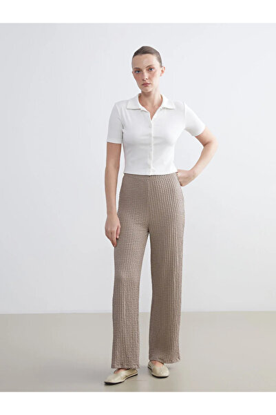 LC Waikiki Lcwaikiki classic beige elastic waist textured wide leg women's pants