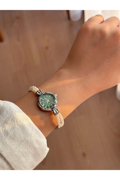 Vola Collection Women's Vintage Watch with Silver Pearl Band with Round Green Dial- 40