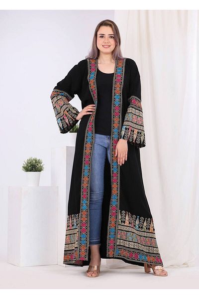 Lyaly aljlabyh The Art Borders Jalabiya features an open abaya with rich geometric embroidery and vibrant colors for a bold and cheerful look.