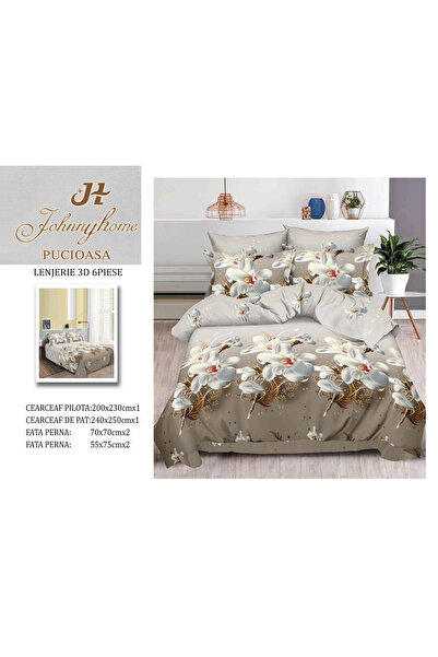 FIONNA.RO 3D Satin Cotton Bed Linen 6 Pieces - White Orchid