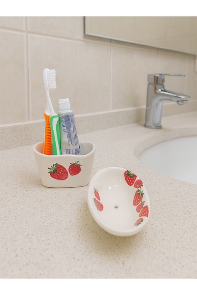 Piatti Naturali 2-Piece Bathroom Set - Strawberry Pattern - Solid Soap Dish & Toothbrush Holder, Sponge Holder Handmade Ceramic Gift