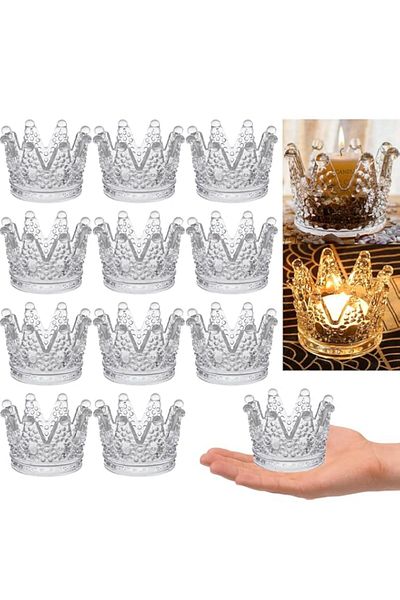 Generic مجموعة من 12 حامل شموع صغير شفاف من Crown، حامل شموع صغير شفاف من الزجاج لحفلات الزفاف