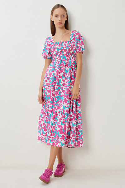 Lovelyİstanbul Φόρεμα με μοτίβο με μανίκια μπαλόνι LFG0120 ΡΟΖ ΛΕΥΚΟ