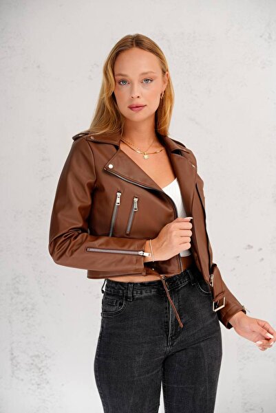 ZELASU Дамско яке с цип и колан от кожа