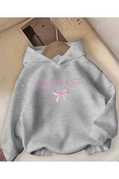 herkesemoda Ribbon Printed Hooded Sweatshirt with Fleece Inside