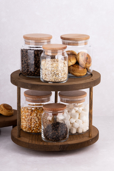 dnshome 7 Parça Ahşap Döner Stantlı Cam Kavanoz Seti Baharatlık Cam Saklama K...