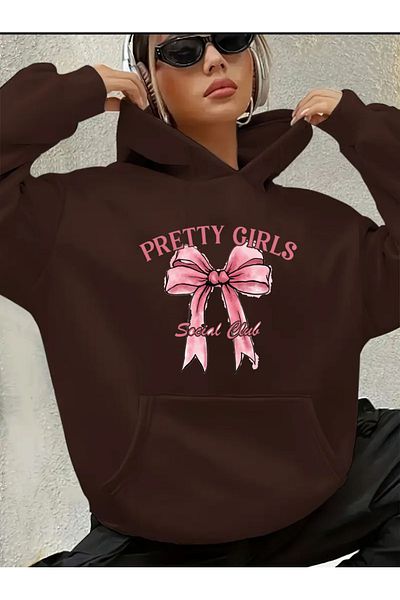 herkesemoda Pertty Girls Text Detail Printed Fleece Hooded Sweatshirt