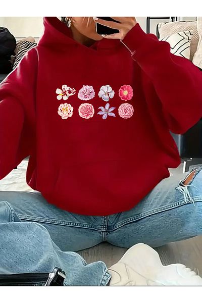 herkesemoda Flowers Printed Hooded Sweatshirt with Fleece Inside