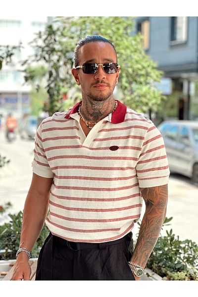 manch collection Colorful Striped Knitwear Polo Neck Claret Red