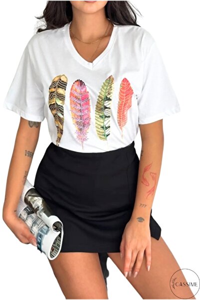 Cassime Women's White V-Neck Plus Size Colorful 4 Feather Pattern Sequins Sequins Embroidered 100% Cotton Bi-Shirt