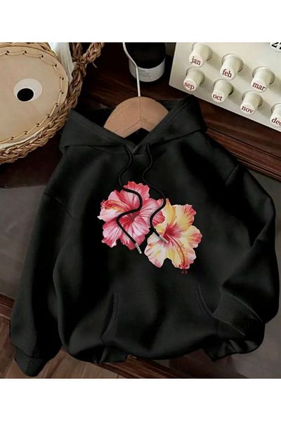 herkesemoda Hanorac cu glugă cu imprimeu floral și fleece în interior