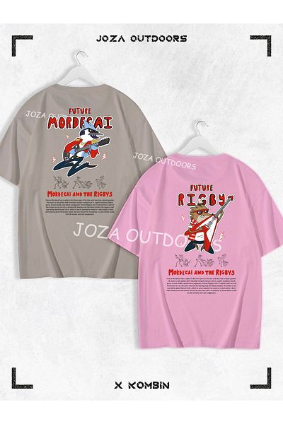 Jobia Outdoors Mordecai Rigby Back Back Printed Lover - Friend Couple Combination Oversize Colorful Tshirt Set of 2