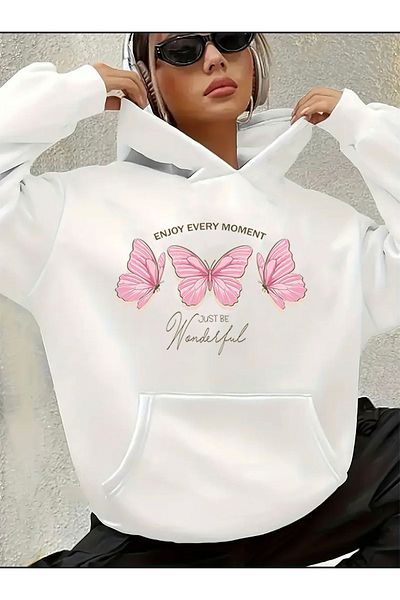herkesemoda Enjoy Every Moment Detail Printed Fleece Hooded Sweatshirt