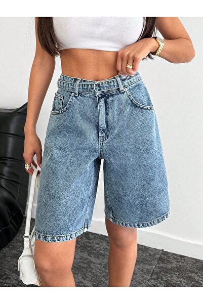 EmWay'S DENİM KADIN YÜKSEK BEL AYARLANABİLİR KEMER DETAYLI BERMUDA KOT ŞORT
