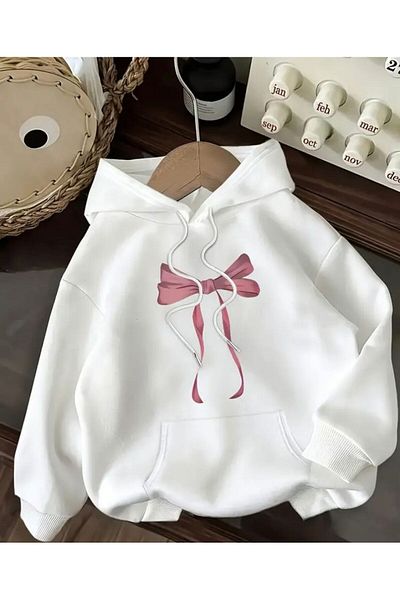 herkesemoda Ribbon Printed Hooded Sweatshirt with Fleece Inside