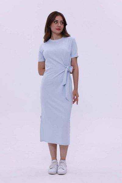 DESTEMIRA Modal Fabric Side Tie Detail Slit Short Sleeve Midi Dress