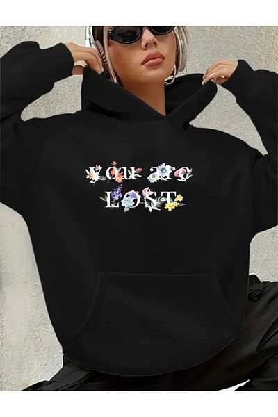 herkesemoda You Are Lost Text Detailed Hooded Sweatshirt