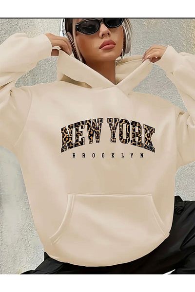 herkesemoda New York Summer Detail Printed Fleece Hooded Sweatshirt