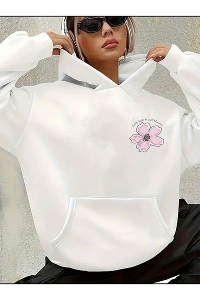herkesemoda Hooded Sweatshirt with Chest Print Detail and Fleece Inside
