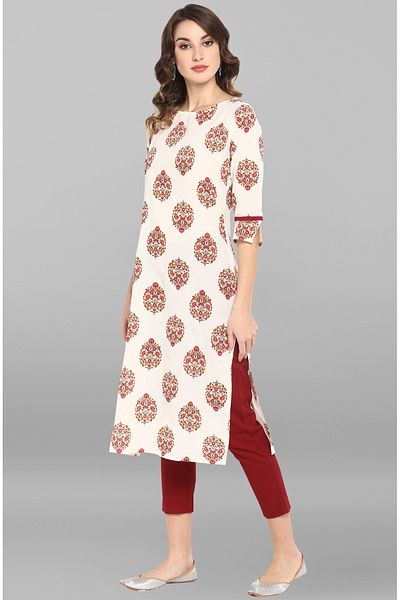 IndHeritage Premium onam cotton office / casual kurti - Dark blue kurti/kurta for women with maroon floral print