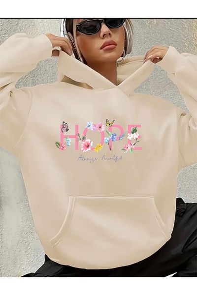 herkesemoda Hope Text Printed Hooded Sweatshirt with Fleece Inside
