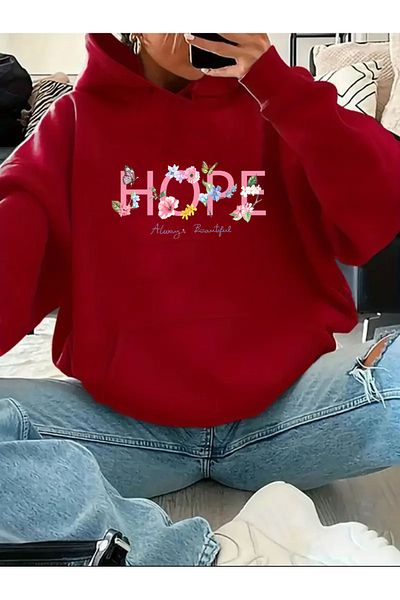 herkesemoda Hope Text Printed Hooded Sweatshirt with Fleece Inside
