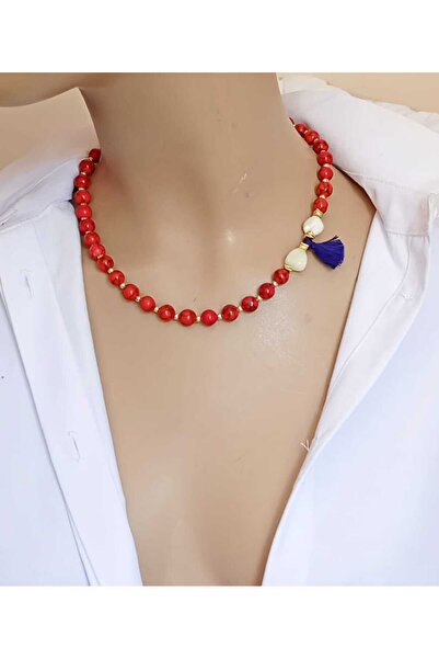 shop Coral Red Crimping Natural Stone & Detailed Tassel Necklace