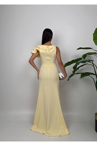 zoezoe Kadın Balık Model Tek Omuzu Volanlı Omuzda Gül detaylı Düğün Davet Mezuniyet elbisesi