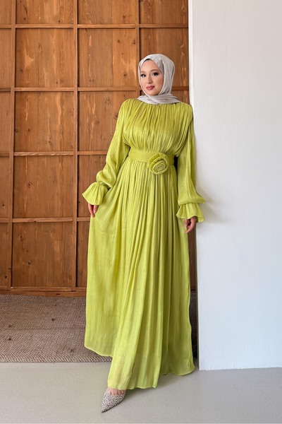 Rimel Moda Maria İpek Taşlı Elbise Fıstık Yeşili